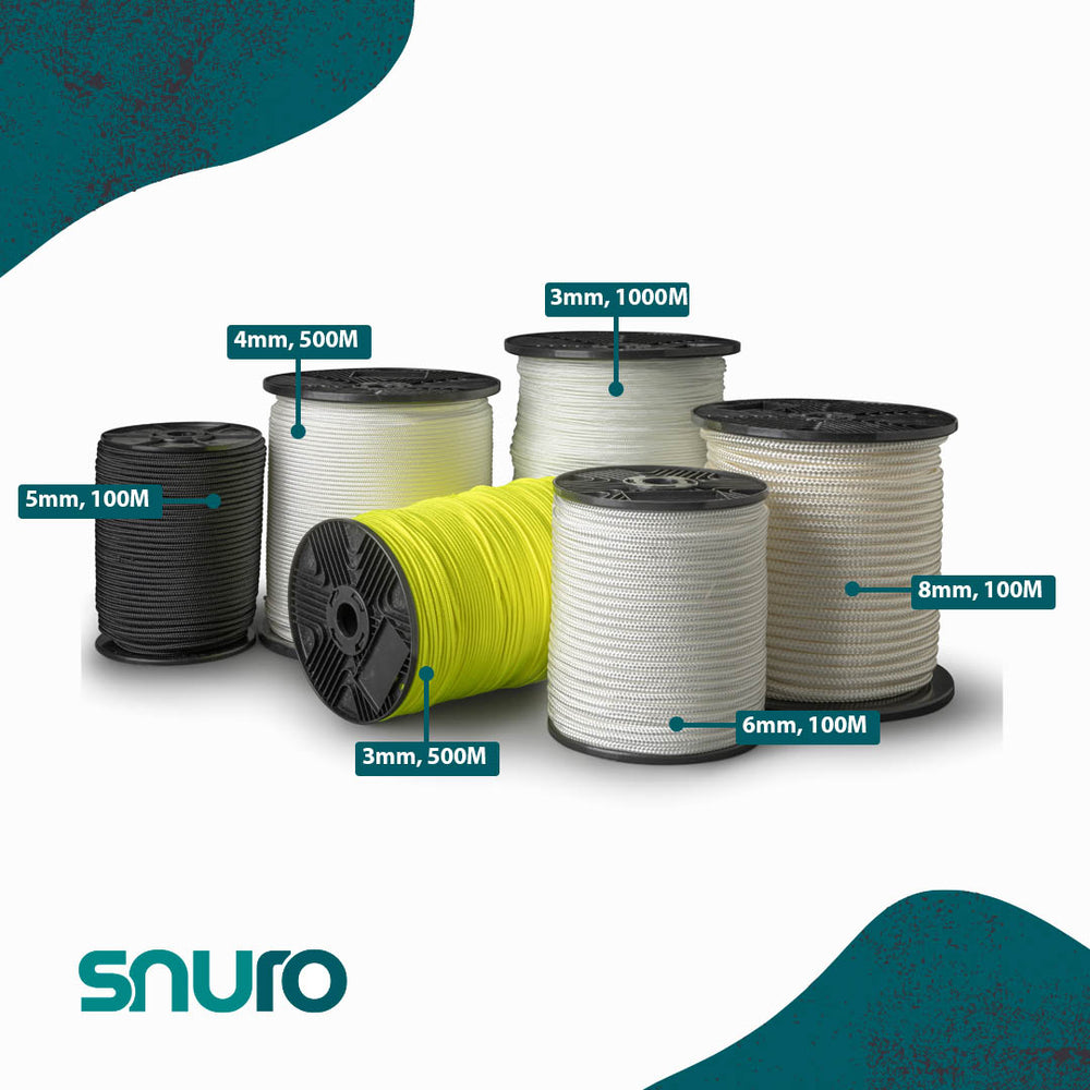 Groepsfoto gevlochten zwart, wit of fluogeel polyamidetouw, extreem sterk en slijtvast nylontouw in verschillende diameters, lengtes en kleuren