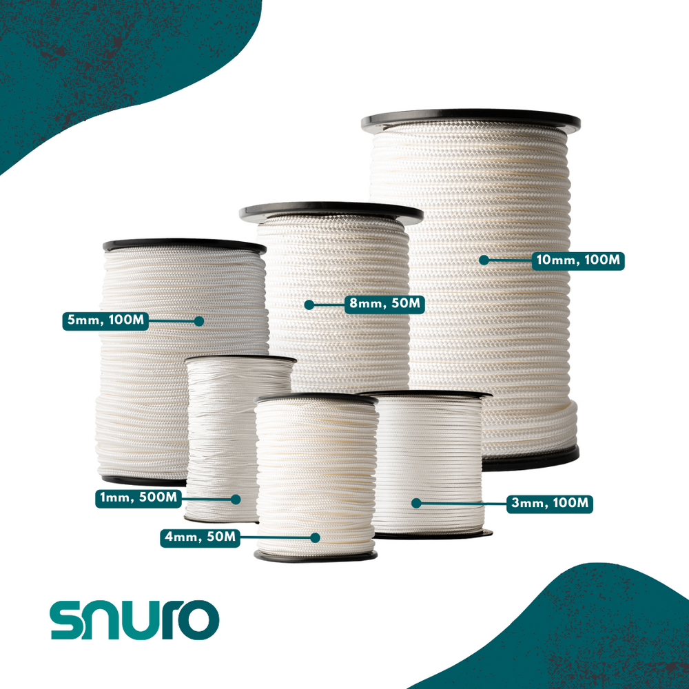 Groepsfoto gevlochten wit polyamidetouw, extreem sterk en slijtvast nylontouw in verschillende diameters en lengtes