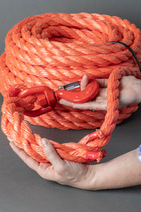 Corde en polypropylène 20 mm – orange – 25 m – avec épissure d'extrémité et crochet de sécurité émerillon