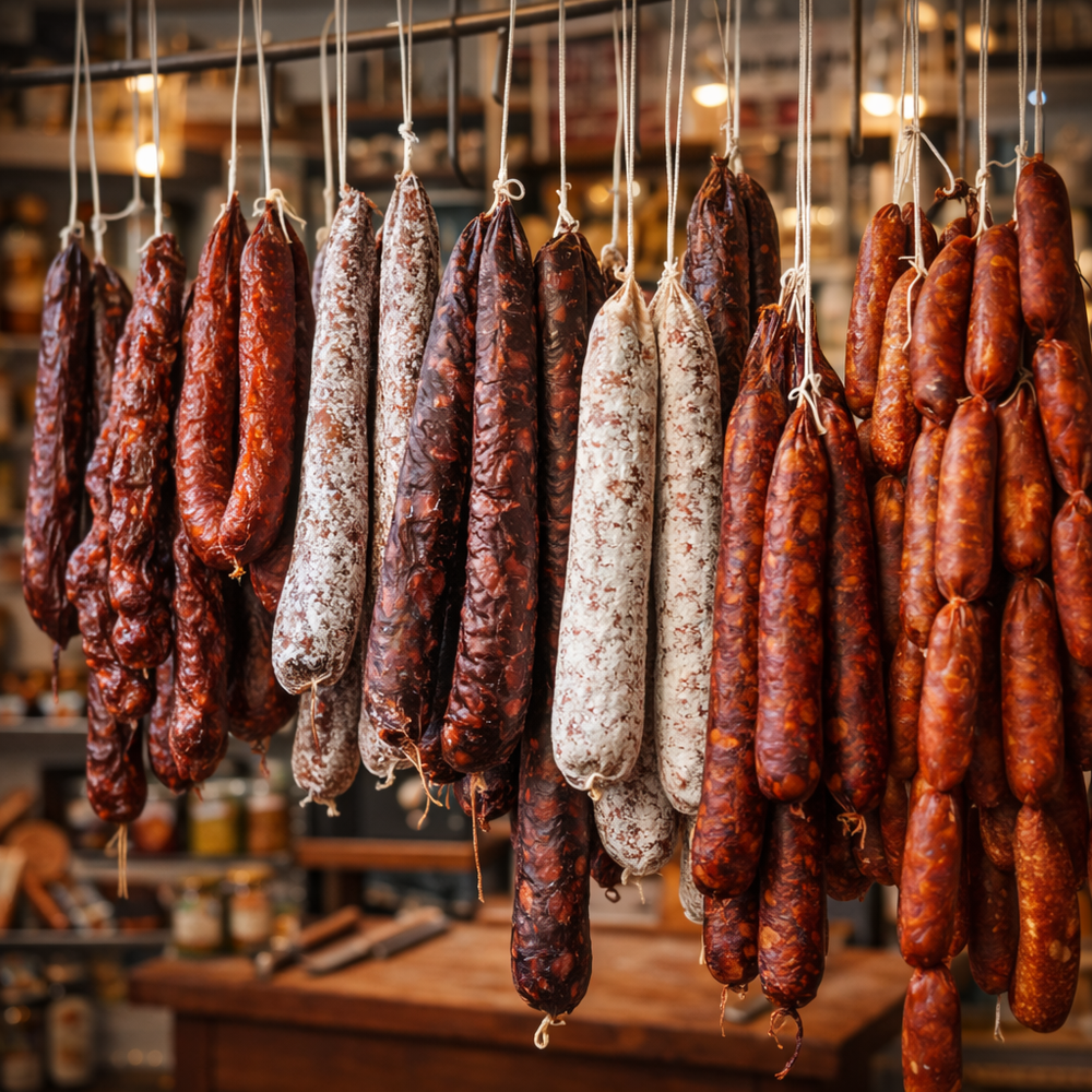 Toepassingsfoto voedselgeschikt vlastouw in gebruik als slagerstouw voor traditioneel drogen van worsten