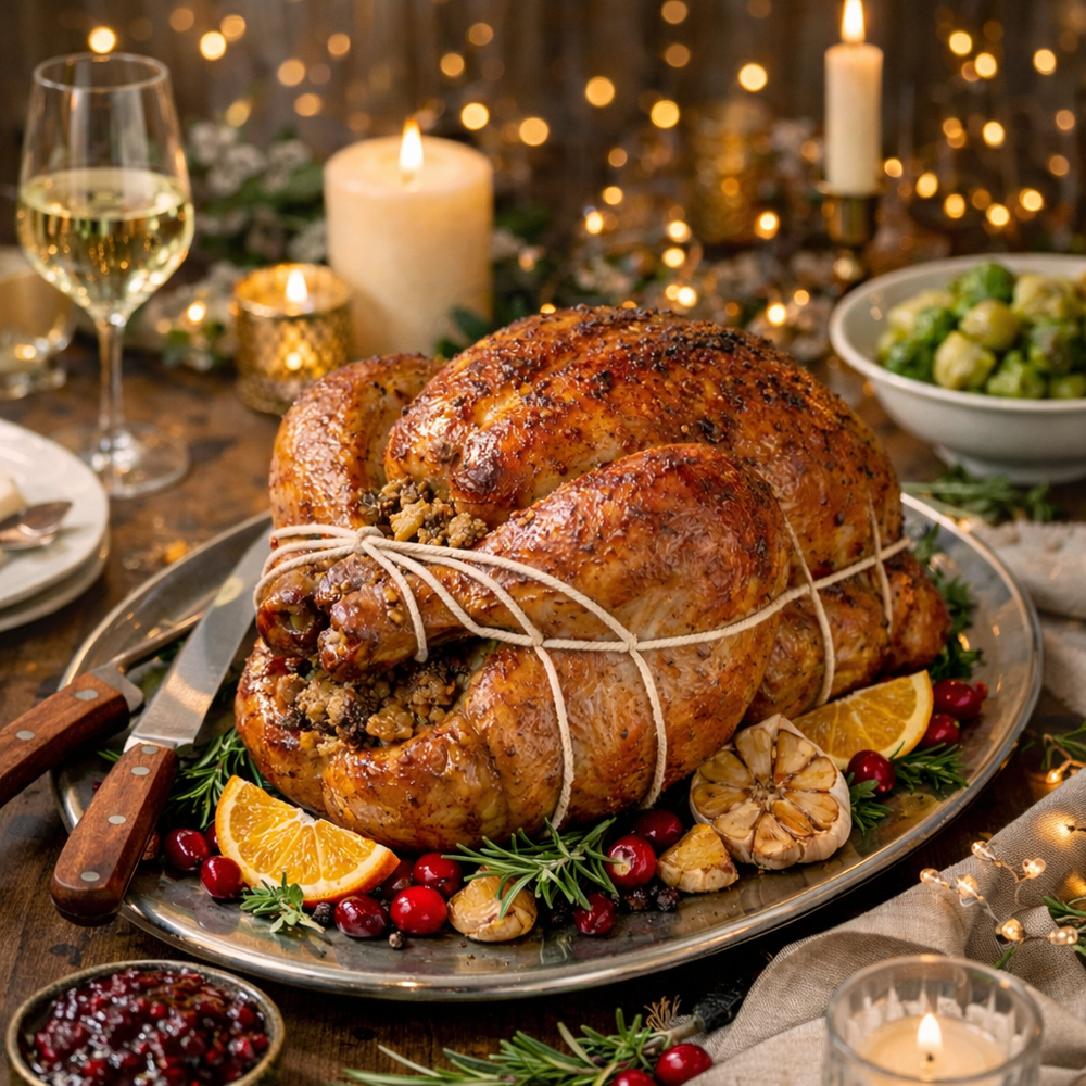 Toepassingsfoto voedselgeschikt vlastouw in gebruik in de keuken met opgevulde kalkoen